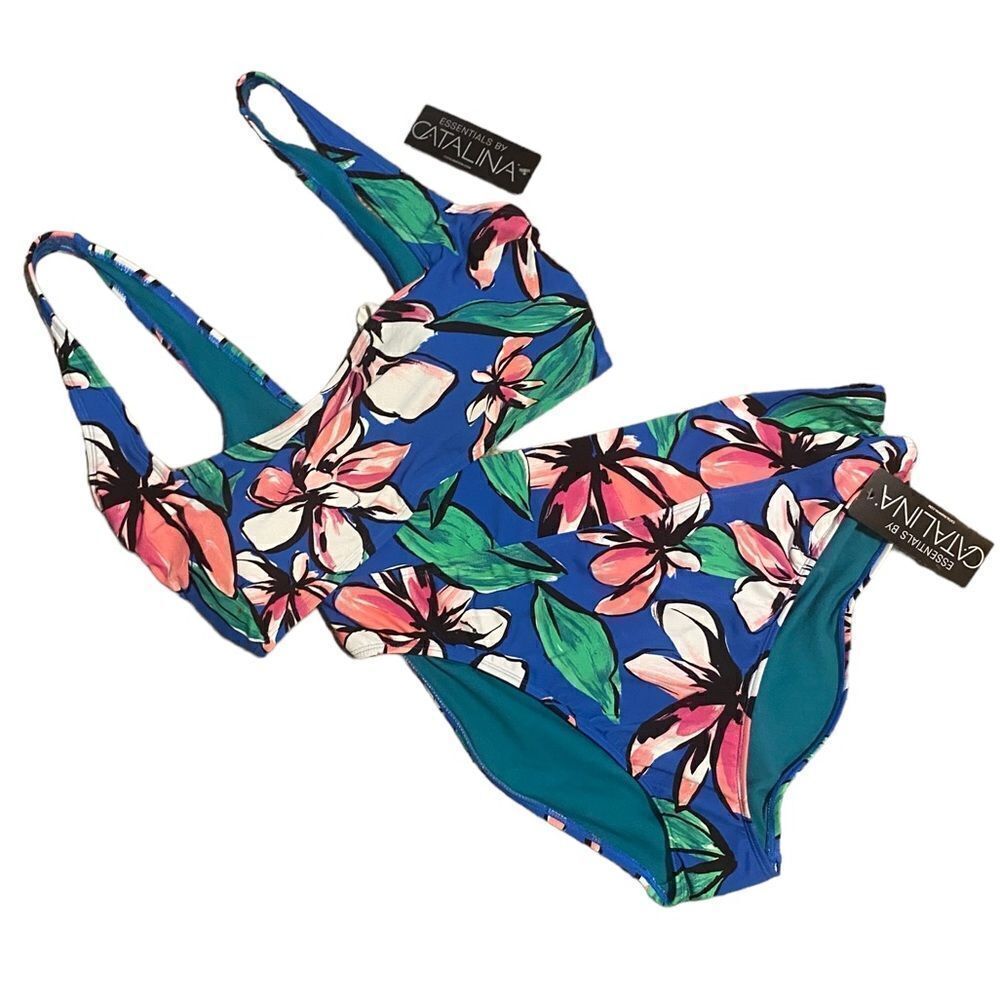 Catalina Sz XL Blue Green Floral Tie Cutout Back High Waisted Bikini Swim Suit